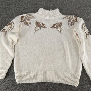 B Diffusion Sweater Wm Large Silk Angora Nylon Vintage Cream Leaf Embroidery